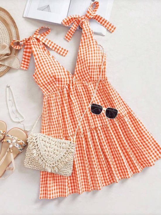 Gingham print v neck tie strap tiered mini dress orange white preppy - Picture 2 of 4